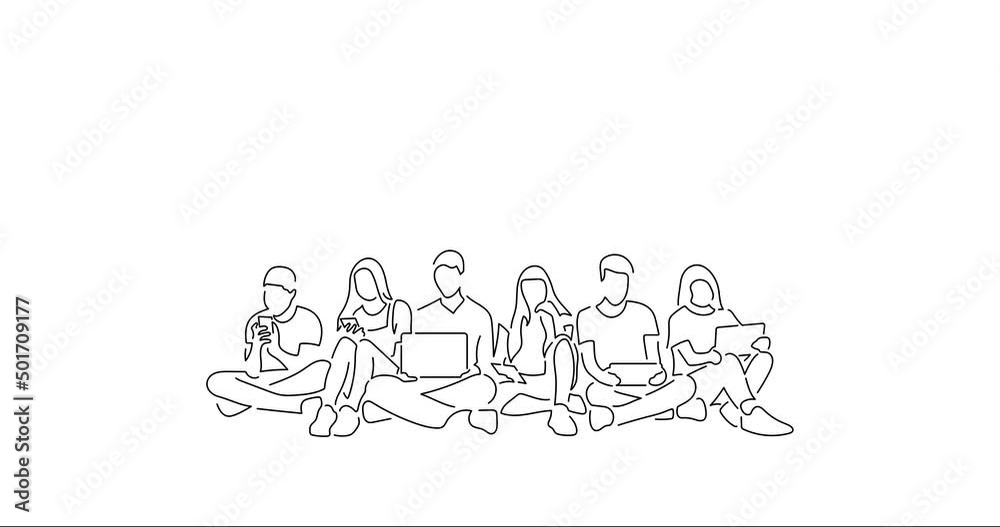 Young friends using technology in line art animation. Footage of a group of people having fun. Black linear video on white background. Animated gif illustration design. Young friends using technology in line art animation. Footage of a group of people having fun. Black linear video on white background. Animated gif illustration design.