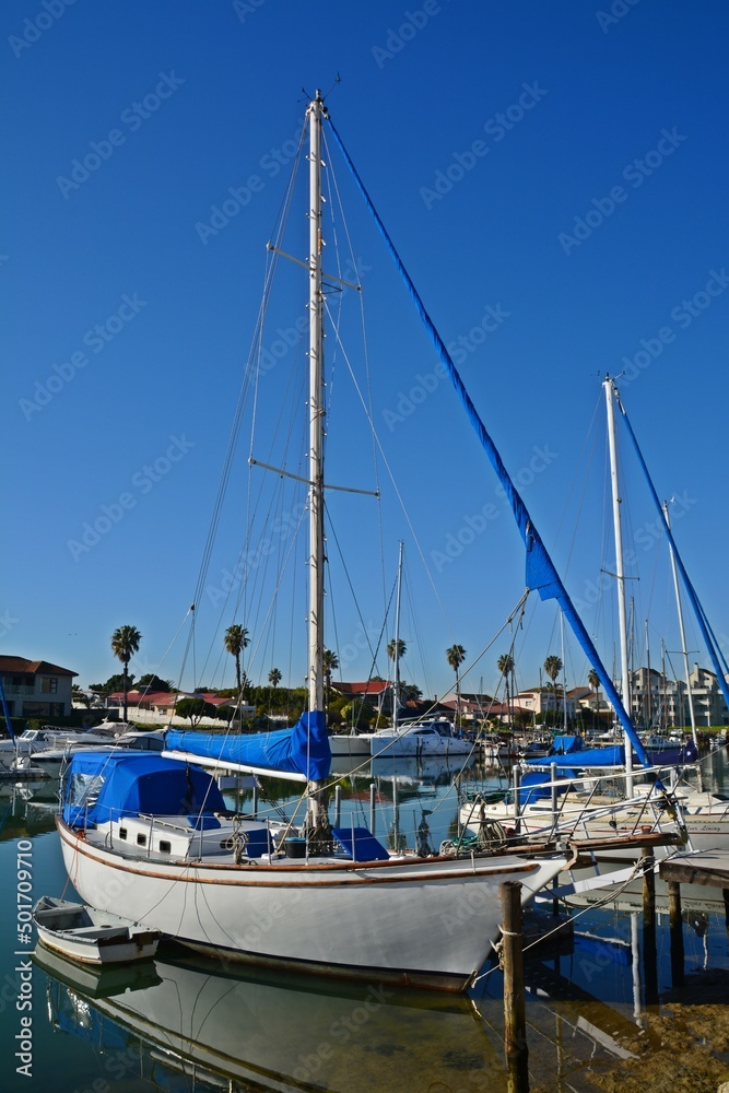 Close up of a sail boat in the Port Owen marina