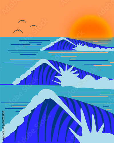 Series of waves breaking with a sunset in the background