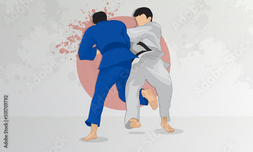 A judoka in a blue kimono makes a cut to his opponent in a white kimono during training