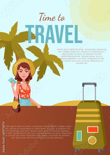 Template banner for travel company in cartoon style with tourist, suitcase and palms on the background. Summer beach holiday promotion poster. Traveling flyer.