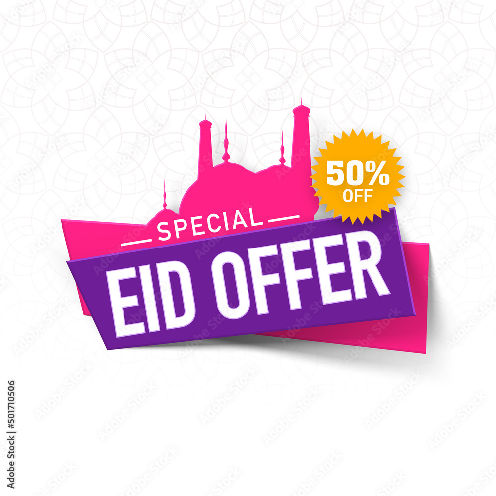 Eid Poster Or Template Design With 50% Discount Offer And Silhouette Mosque On White Mandala Pattern Background.