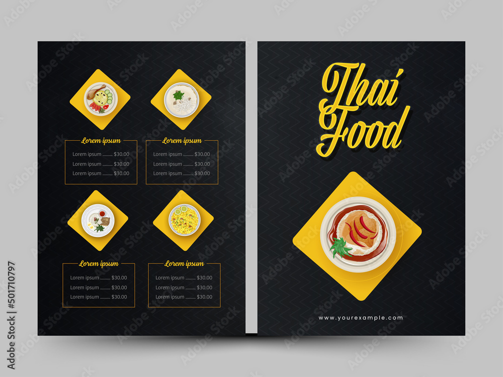 Double Sides Of Thai Food Menu Card Design With Presenting Dishes On Black  Background. Stock Vector | Adobe Stock