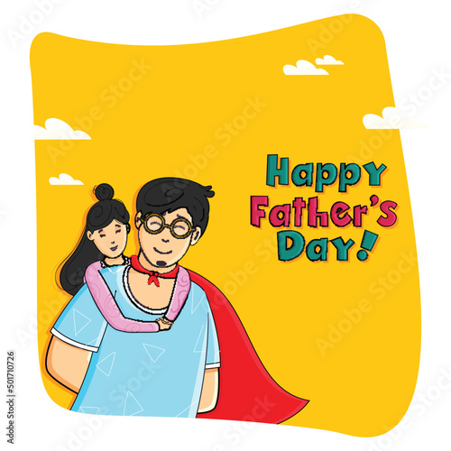 Happy Father's Day Concept With Daughter Hugging Father From Behind On Orange And White Background.