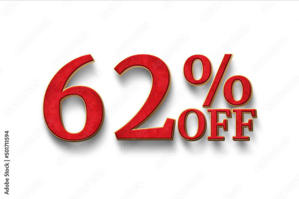 Discount 62 percent off. 3D illustration on white background. Discount 62 percent off. 3D illustration on white background.