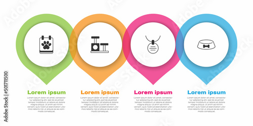 Set Calendar grooming, Cat scratching post with toy, Collar name tag and Pet food bowl for cat or dog. Business infographic template. Vector