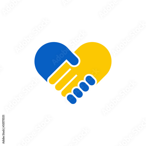 Handshake heart Ukraine support flat icon. Ukrainian yellow and blue flag. Vetor isolated