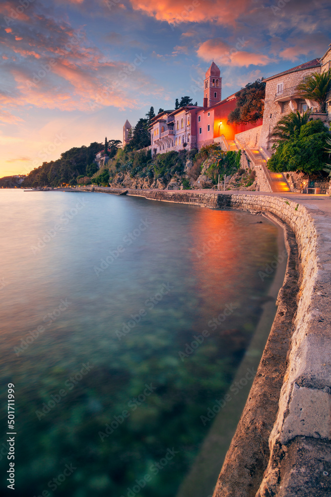Rab, Rab Island, Croatia. Cityscape image of iconic village Rab, Croatia located on Rab Island at sunset.