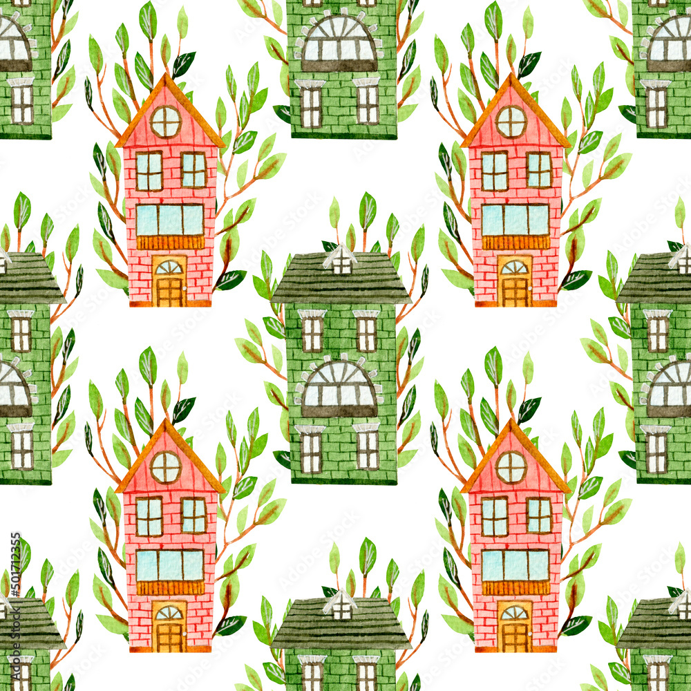 Cute seamless watrcolor pattern, colorful houses decorated by botanical elements on white background.