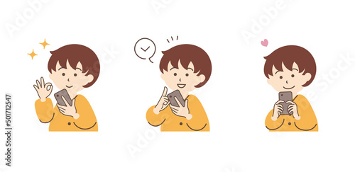 スマホを持つ女性のシンプルなイラストセット_A03【ショートボブ】