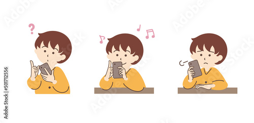 スマホを持つ女性のシンプルなイラストセット_A04【ショートボブ】