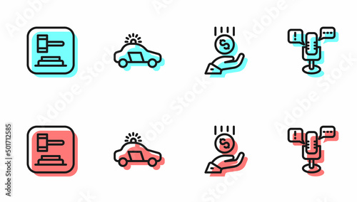 Set line Coins on hand - minimal wage, Judge gavel, Police car flasher and Freedom of speech icon. Vector