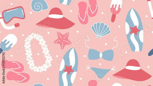 cute cartoon summertime seamless vector pattern background illustration with colorful summer elements collection