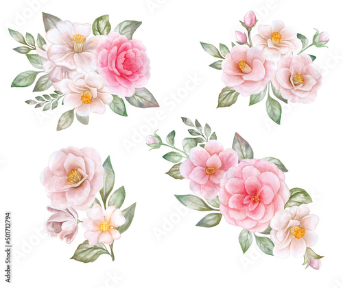 camellia, roses floral frame, ring, wreath of pink, white flowers with leaves, vignette isolated on white background. Bouquet. Templates. Watercolor. Illustration. Hand drawing. Greeting card design.