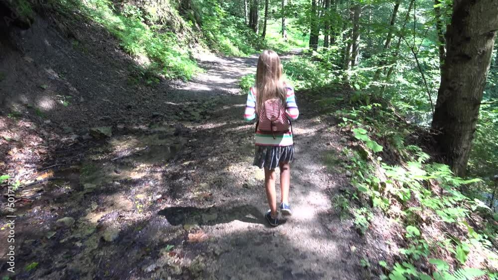 Child Walking in Forest, Girl Hiking at Camping in Mountains Trails, Teenager Kid Playing in Wood Adventure, Summer Trip Vacation Child Walking in Forest, Girl Hiking at Camping in Mountains Trails, Teenager Kid Playing in Wood Adventure, Summer Trip Vacation