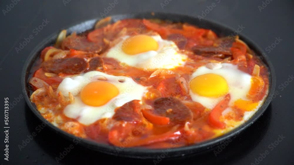 Shakshuka - fried eggs with chorizo and vegetables in frying pan
Shakshuka - fried eggs with chorizo and vegetables in frying pan
