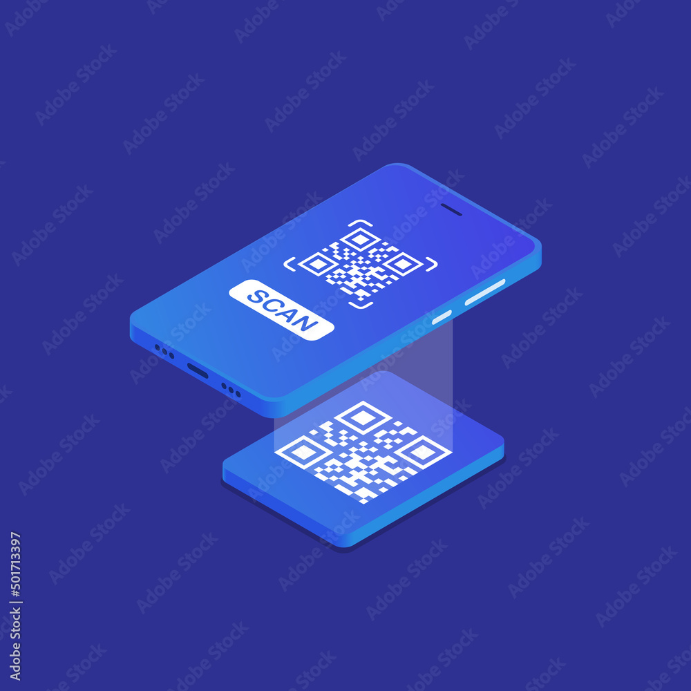 Qr verification. A mobile phone with a scanner reads the qr code in isometric style. Vector illustration EPS 10