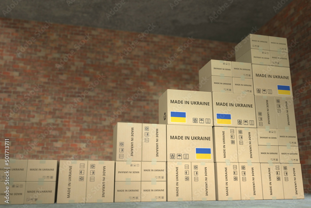 Fototapeta premium Cartons with MADE IN UKRAINE text compose a rising chart, business success related conceptual 3D rendering 