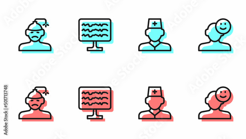 Set line Male doctor, Concussion, headache, Encephalogram and Good mood icon. Vector