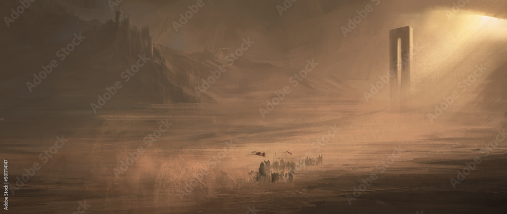 A group of pilgrim cavalry in the wasteland. - obrazy, fototapety, plakaty 