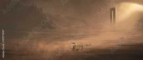 Billede på lærred A group of pilgrim cavalry in the wasteland.