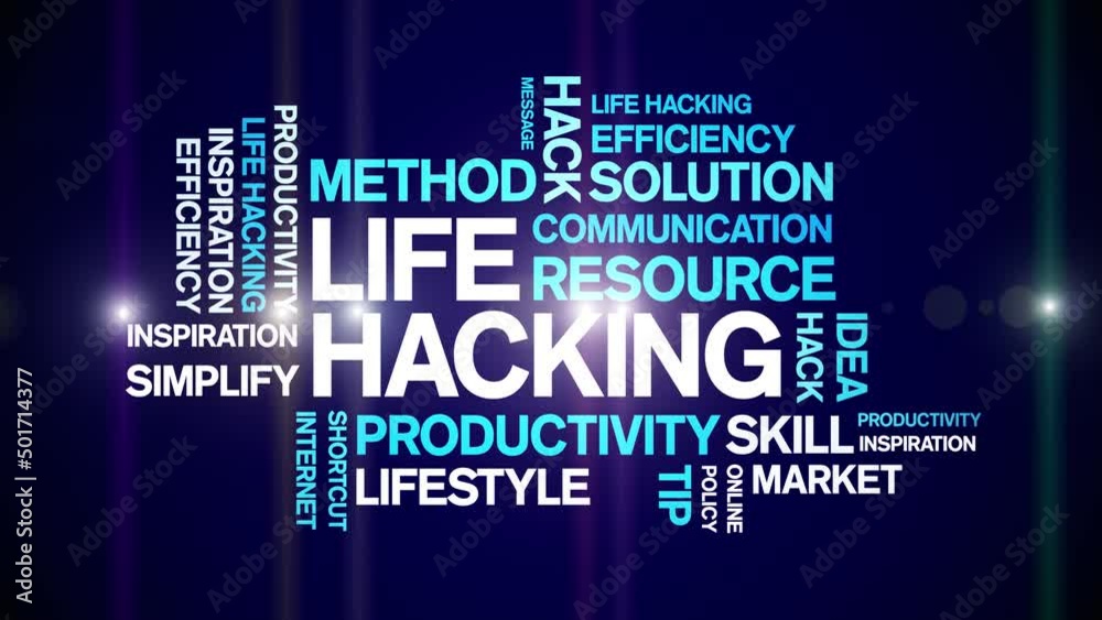 Life Hacking animated tag word cloud;text design animation kinetic typography seamless loop.
