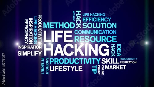 Life Hacking animated tag word cloud;text design animation kinetic typography seamless loop. photo