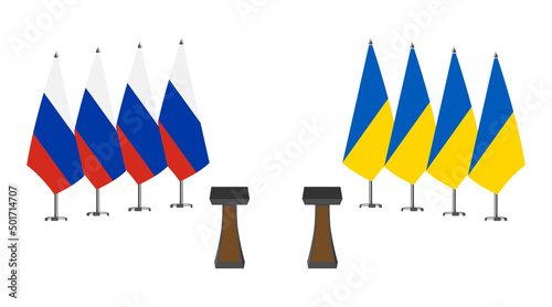 Podium speaker tribune with Russia and Ukraine flags on background. Negotiation between Russia and Ukraine. Diplomacy and peace concept. All isolated on white background.