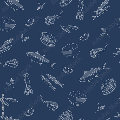 Vector hand drawn seafood seamless pattern with mussel  fish salmon and shrimp. Squid  anchovy  scallop  mollusk  oyster and tuna for product market.