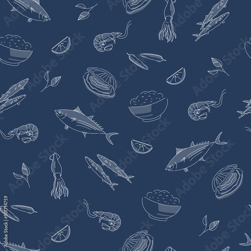 Vector hand drawn seafood seamless pattern with mussel, fish salmon and shrimp. Squid, anchovy, scallop, mollusk, oyster and tuna for product market.