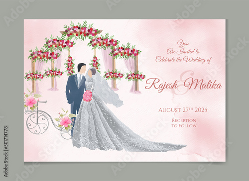 Bride and groom beautiful hand drawn watercolor wedding invitation set template Celebration, event, invitation, wedding dress, groom, romantic, pastel tones, wedding gate. Bridal flower bouquet, 