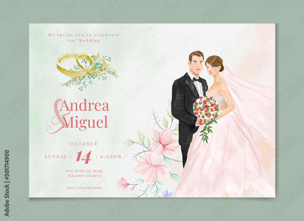 Bride and groom beautiful hand drawn watercolor wedding invitation set