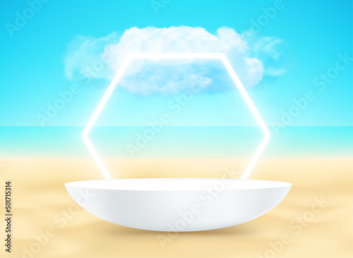 Landscape with podium on a sand and white neon arc. 3d vector mockup with shadow overlay effect