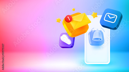 Internet mailing via modern smartphone. Vector 3d banner with copy space