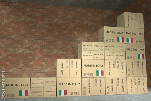 Many cardboard boxes with MADE IN ITALY text compose a rising chart. Business growth conceptual 3D rendering 