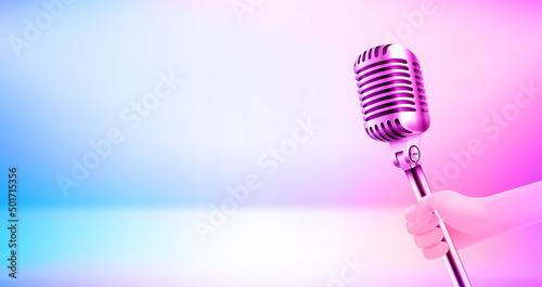 Modern microphone with holographic effect. Interview concept. 3d vector banner with copy space