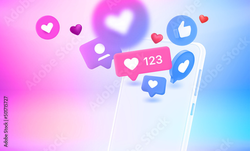 Social media notification bubbles flying to the screen of modern smartphone. 3d vector illustration