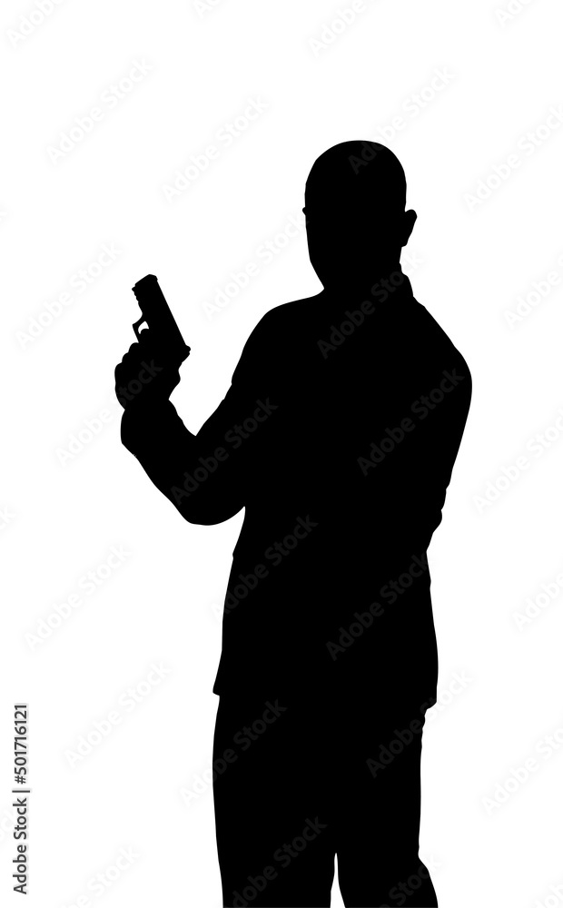 Silhouette of a suited gunman holding a pistol. Hired detective. whith clipping path.