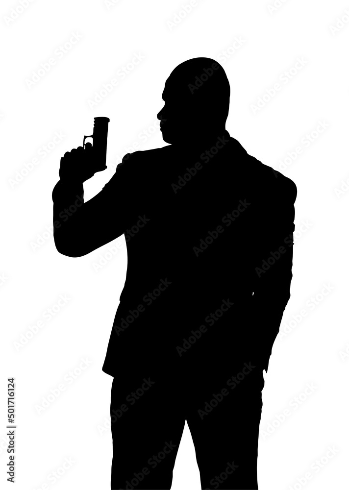 Silhouette of a suited gunman holding a pistol. Hired detective. whith clipping path.