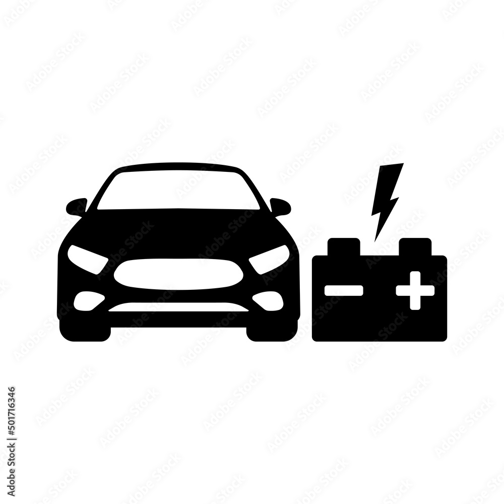Naklejka premium Car with battery and charge vector icon. Car accumulator with charge symbol. Vector illustration EPS 10