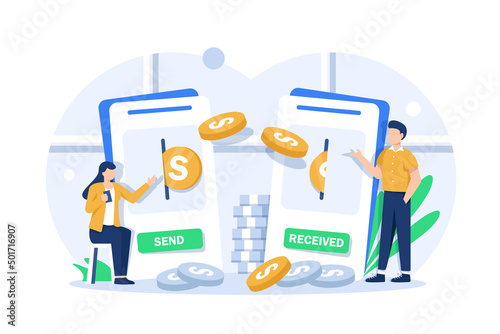 Money transfer and transaction concept,Happy young people sending and receiving cash