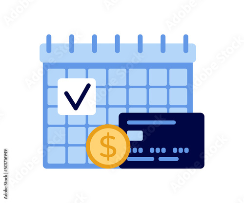 Payroll, calendar with date salary payment, pay money. Work accountant, check calculating payment, expenses. Bookkeeping. Vector illustration