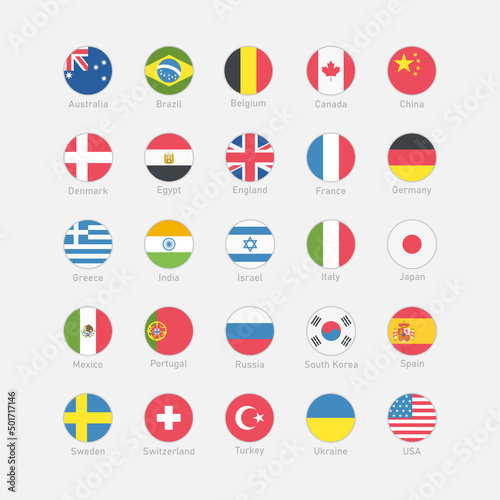 Set of Round Flags world vector icons. Most popular country flags in flat style with country names. USA, Canada, China, England, India, Germany, France, Spain. Vector illustration EPS 10 © hardqor4ik