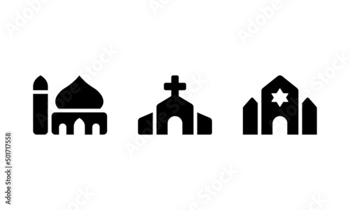 Mosque church and synagogue religion buildings symbols. Religion of worship place vector icon set. Vector illustration EPS 10