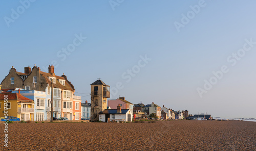 Fotografering View of the beach and coloured buildings at Aldeburgh, Suffolk, UK