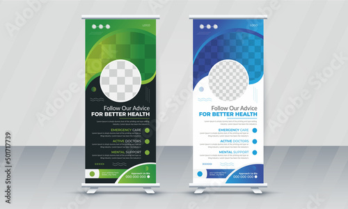 Modern Minimalist Professional and Corporate Medical roll up banner vector template design or creative standee for healthcare hospital. Medical flyer, web banner advertisement or social media banner 