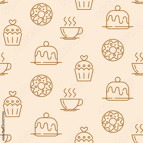 Pastry, sweet bakery seamless pattern with baked goods