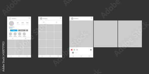Social media mobile app page in minimal design. Carousel post template isolated on dark background. Vector illustration EPS 10