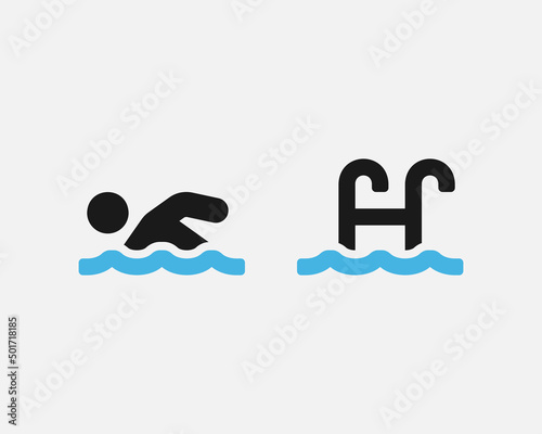Swimming and pool vector icons. Man swims and Pool access handrails symbols isolated. Vector illustration EPS 10