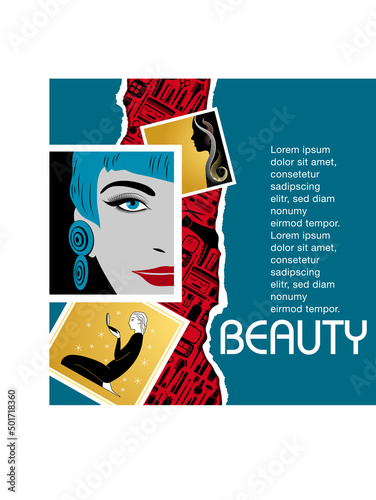 Couverture ou affiche artistique beauté - un collage réalisé des portrait de femmes sur un fond bleu déchiré faisant apparaitre des pictogrammes de produits de maquillage noir sur un fond rouge.